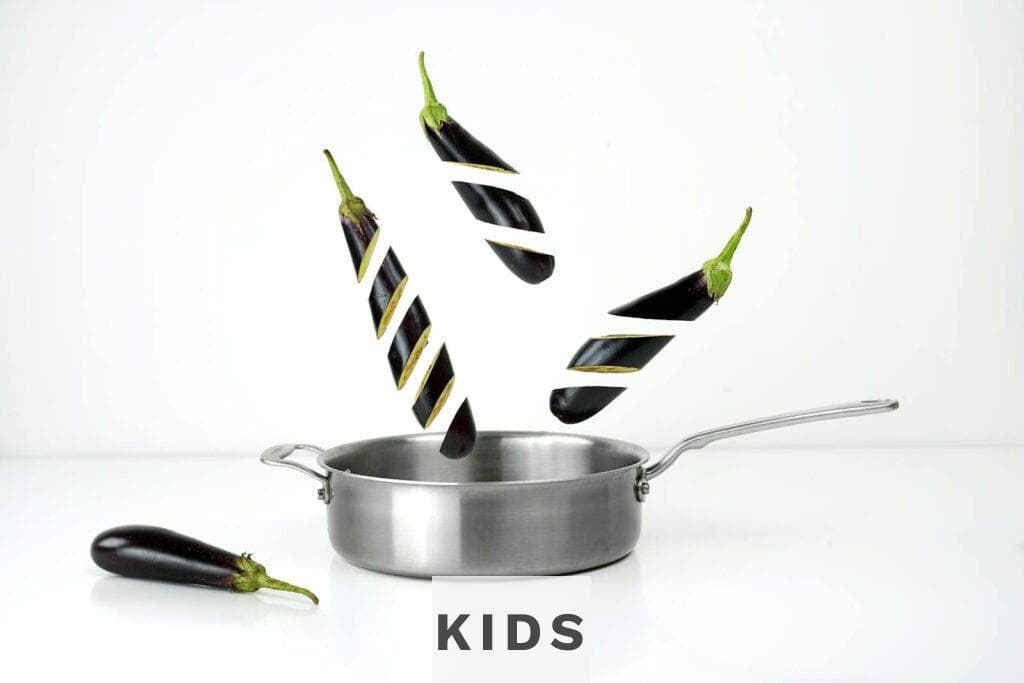 Three Sliced Eggplants and Gray Stainless Steel Non-stick Pan