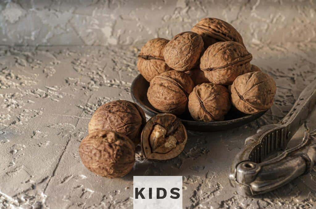 A rustic presentation of walnuts in a dish with a nutcracker on a textured background.