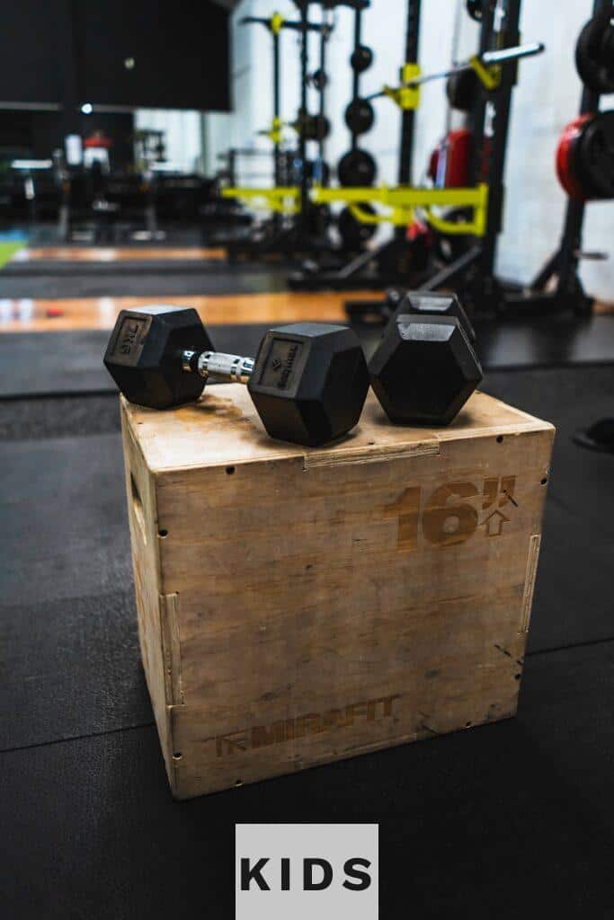 black and gray dumbbells on brown wooden crate