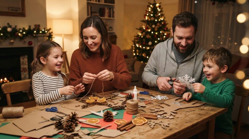 Familia preparando decoración navideña casera