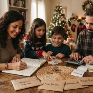 Familia organizando el presupuesto y los gastos de Navidad