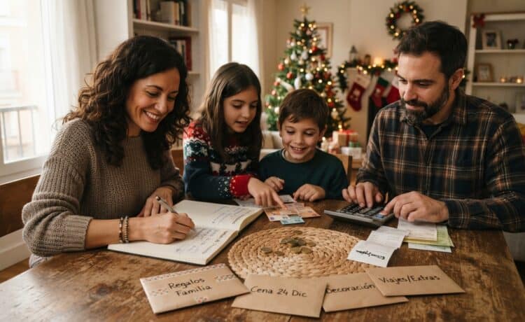 Familia organizando el presupuesto y los gastos de Navidad