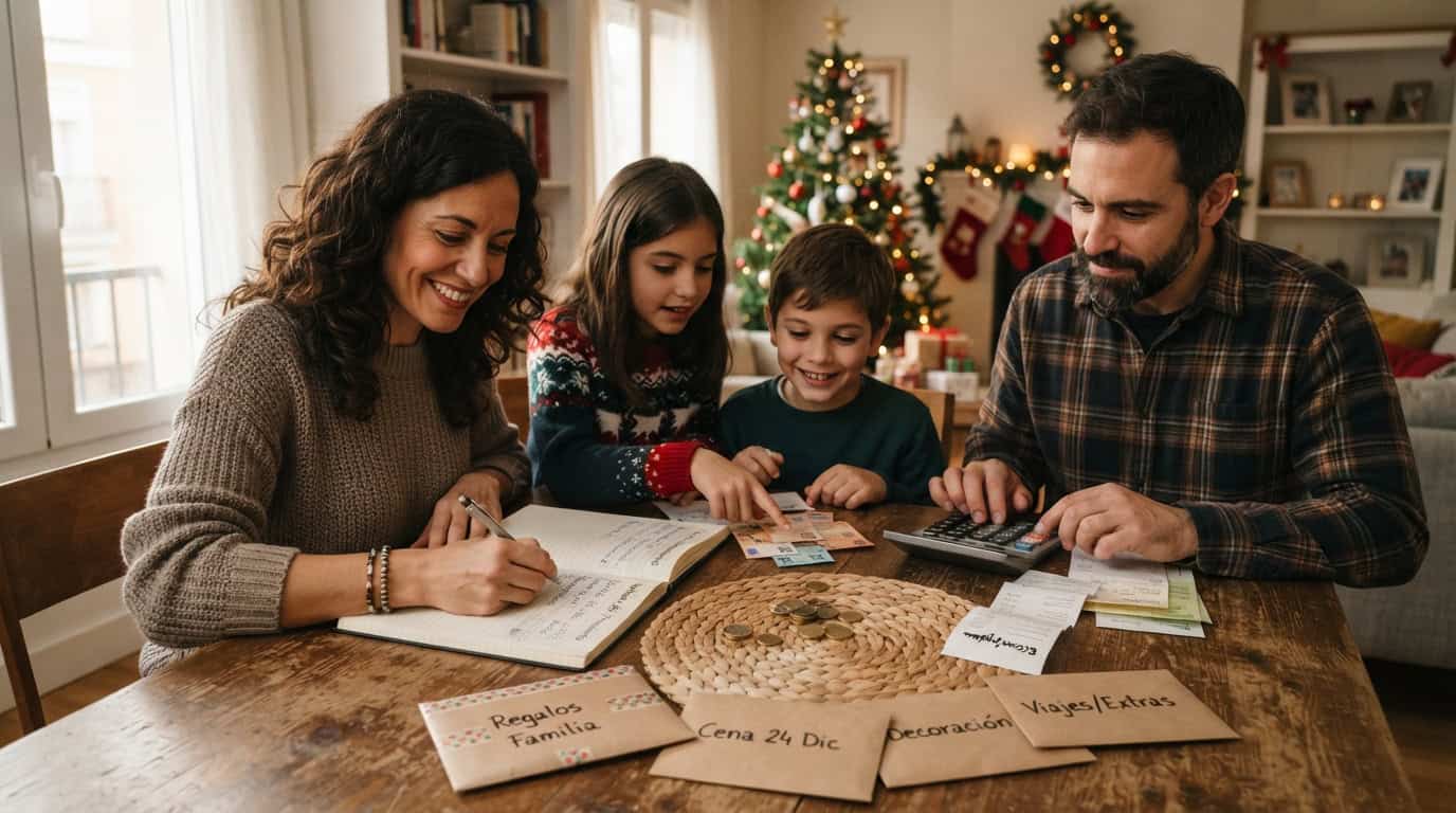 Familia organizando el presupuesto y los gastos de Navidad